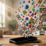 Dados, cartas y piezas de juegos de mesa saliendo de la pantalla de un teléfono móvil sobre una mesa de madera