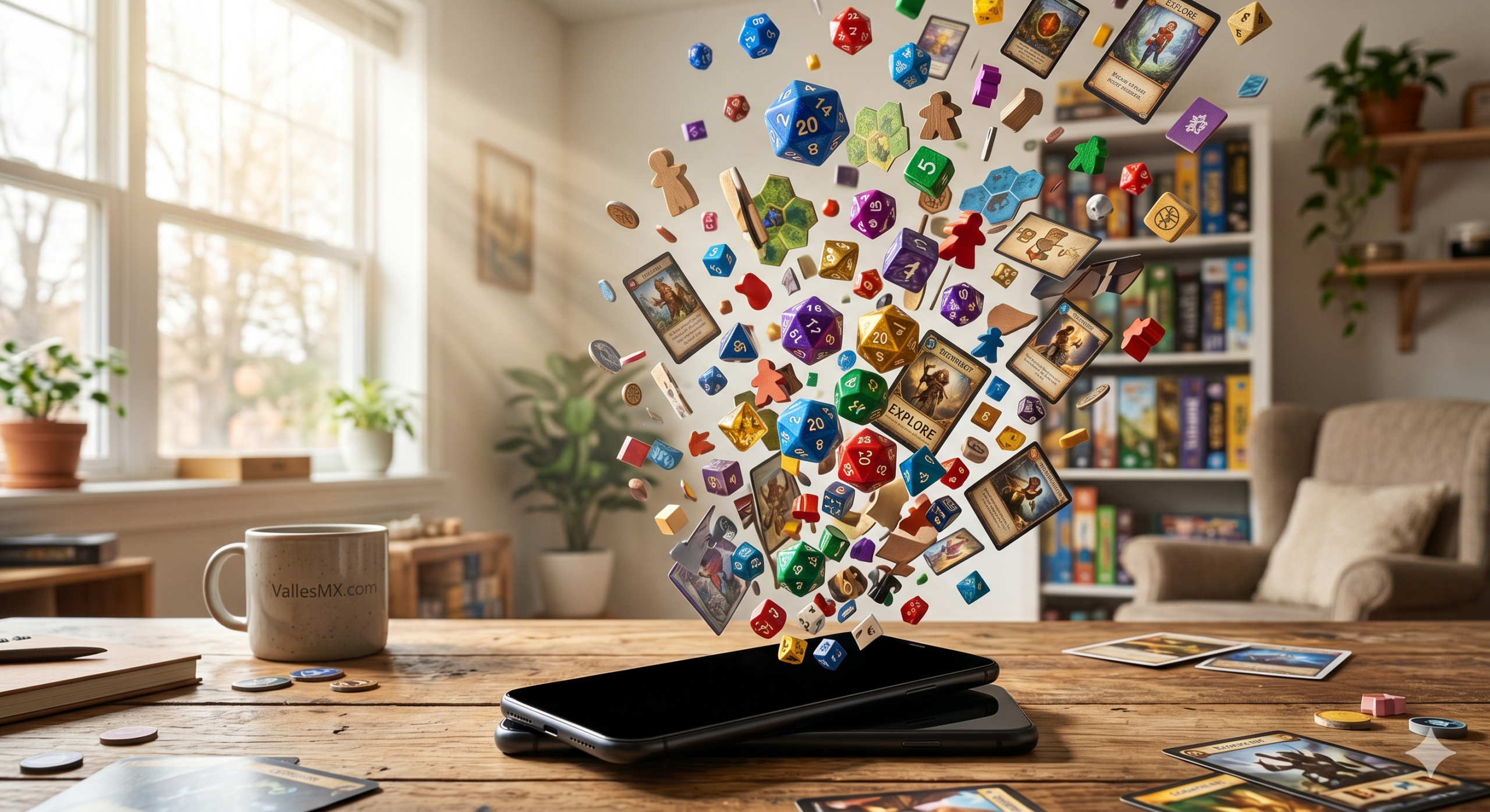 Dados, cartas y piezas de juegos de mesa saliendo de la pantalla de un teléfono móvil sobre una mesa de madera