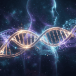 Secuencia de ADN y rostro humano en fondo cósmico, representando avances en genética y biotecnología.
