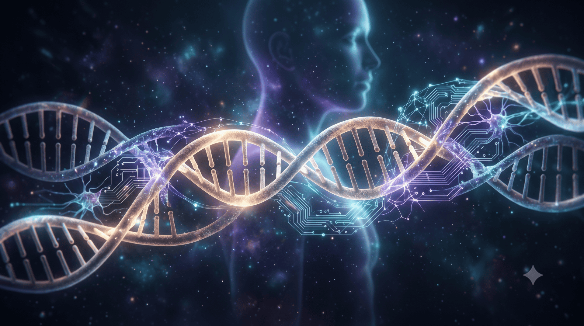 Secuencia de ADN y rostro humano en fondo cósmico, representando avances en genética y biotecnología.