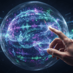 Mano tocando una esfera transparente que contiene un cerebro formado por notas musicales y ondas sonoras