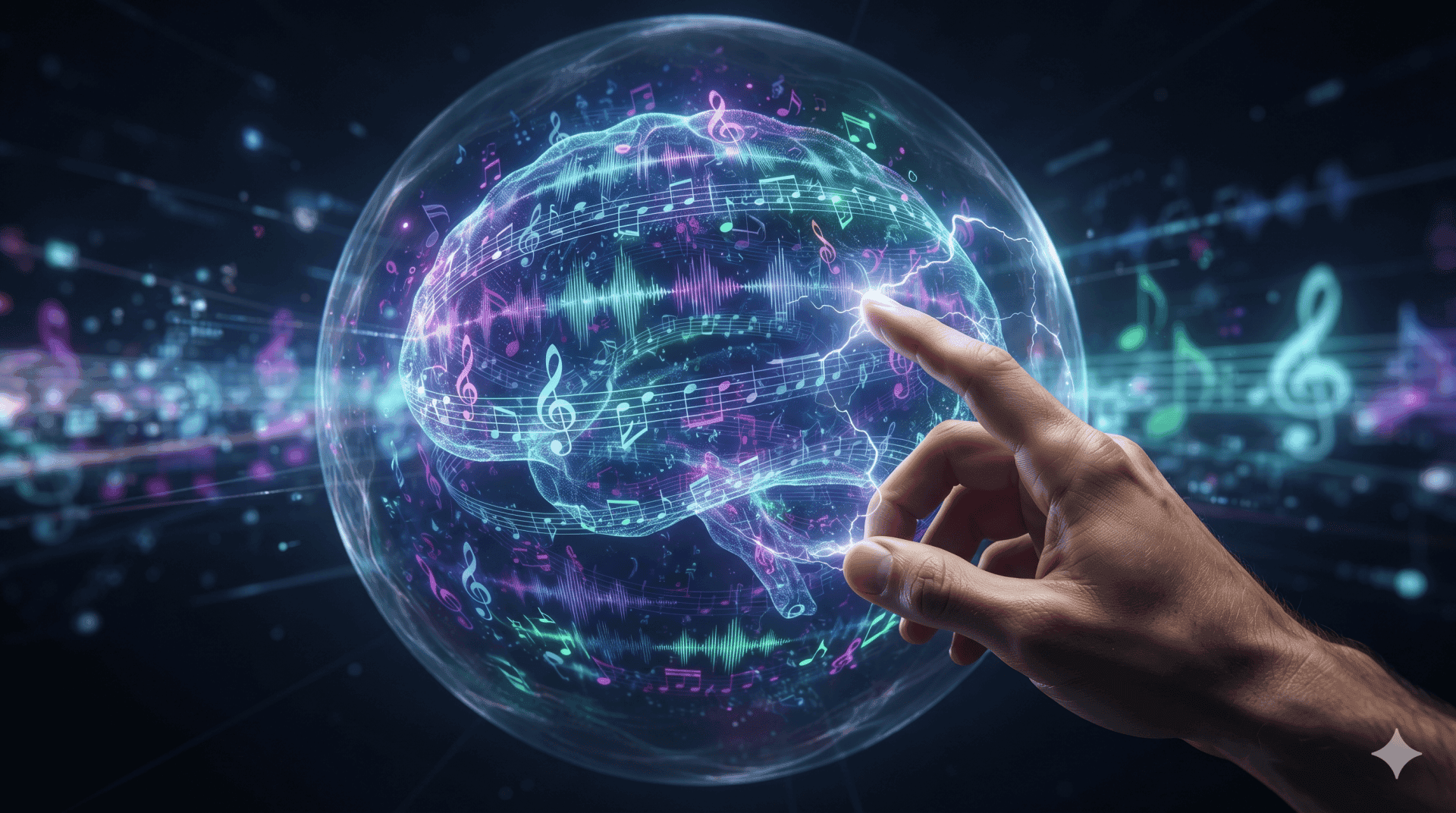 Mano tocando una esfera transparente que contiene un cerebro formado por notas musicales y ondas sonoras