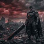 Guerrero con armadura oscura y espada gigante en un campo de batalla devastado bajo un cielo rojo y lluvia