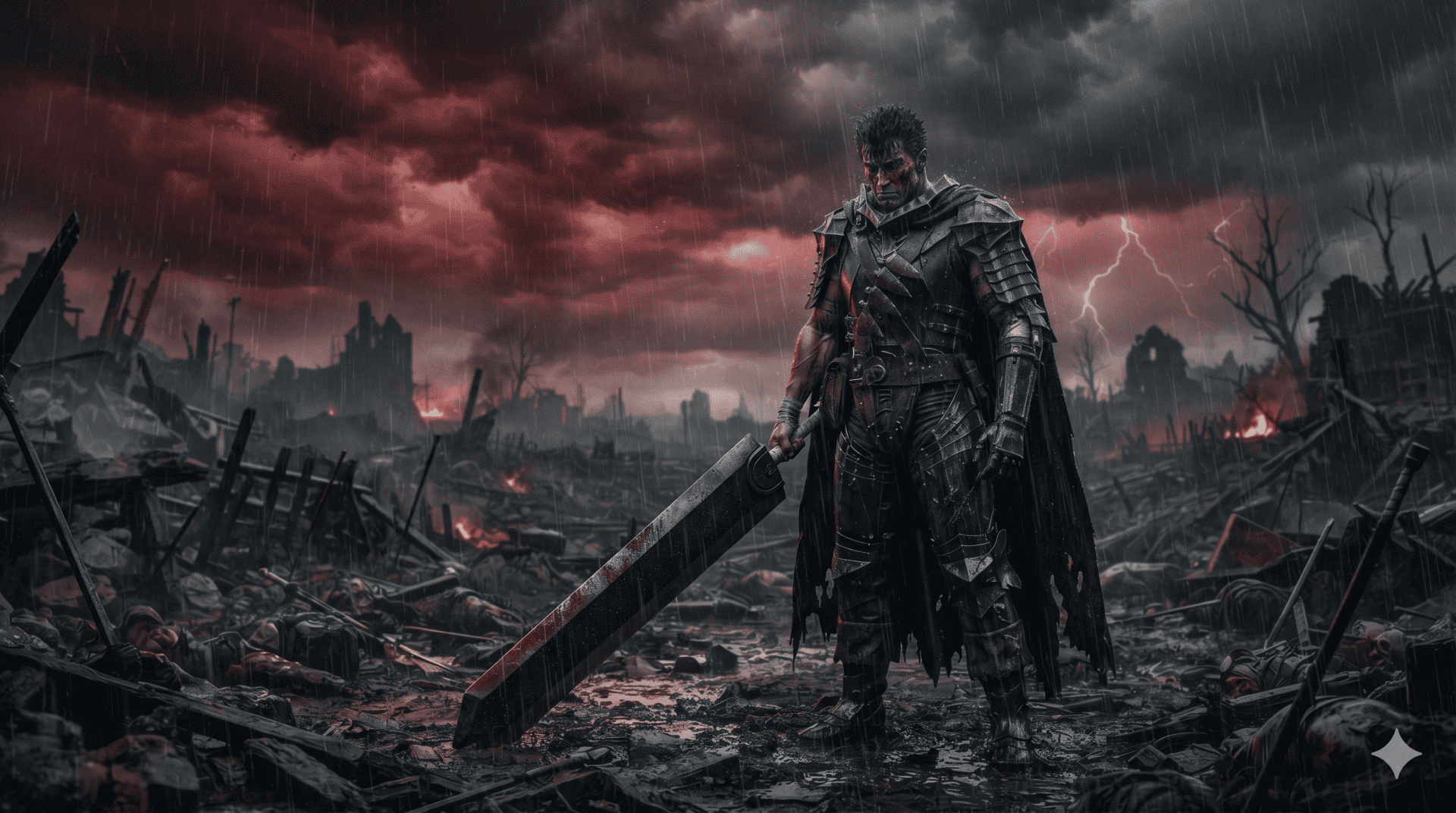 Guerrero con armadura oscura y espada gigante en un campo de batalla devastado bajo un cielo rojo y lluvia