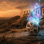 Carrete de cine con efectos de luz digital fluyendo hacia el letrero de Hollywood durante el atardecer