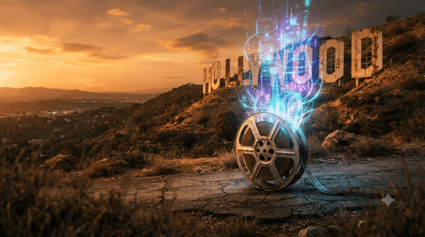 Carrete de cine con efectos de luz digital fluyendo hacia el letrero de Hollywood durante el atardecer