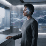 Mujer en una oficina futurista con una red neuronal brillante en su sien y pantallas de datos al fondo