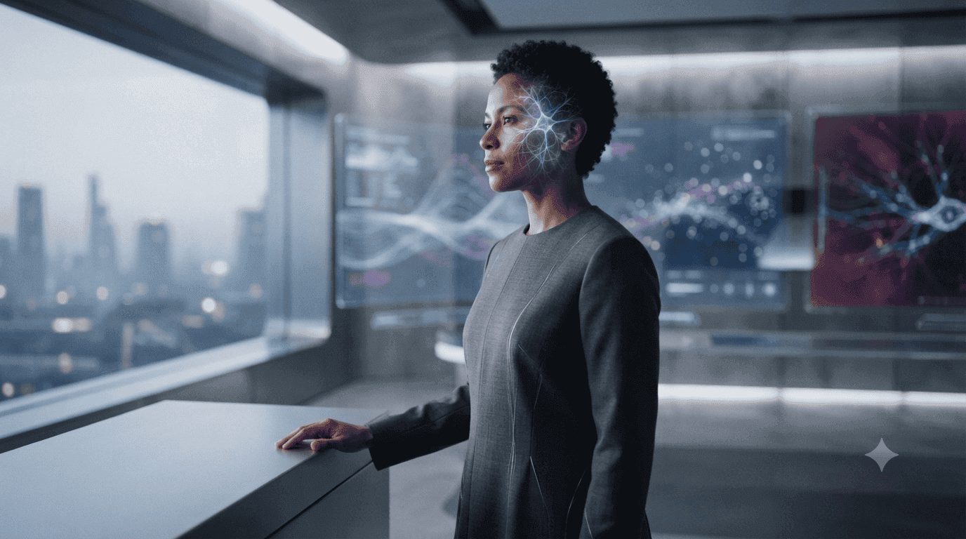 Mujer en una oficina futurista con una red neuronal brillante en su sien y pantallas de datos al fondo