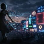 Silueta de Marilyn Monroe desintegrándose en datos digitales frente a pantallas de plataformas de streaming y medios