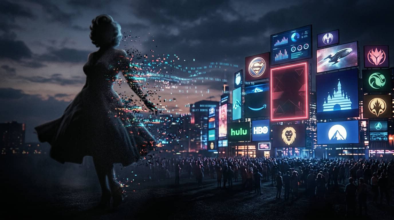 Silueta de Marilyn Monroe desintegrándose en datos digitales frente a pantallas de plataformas de streaming y medios