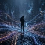 Silueta de una persona de pie en el centro de una compleja red de circuitos digitales luminosos