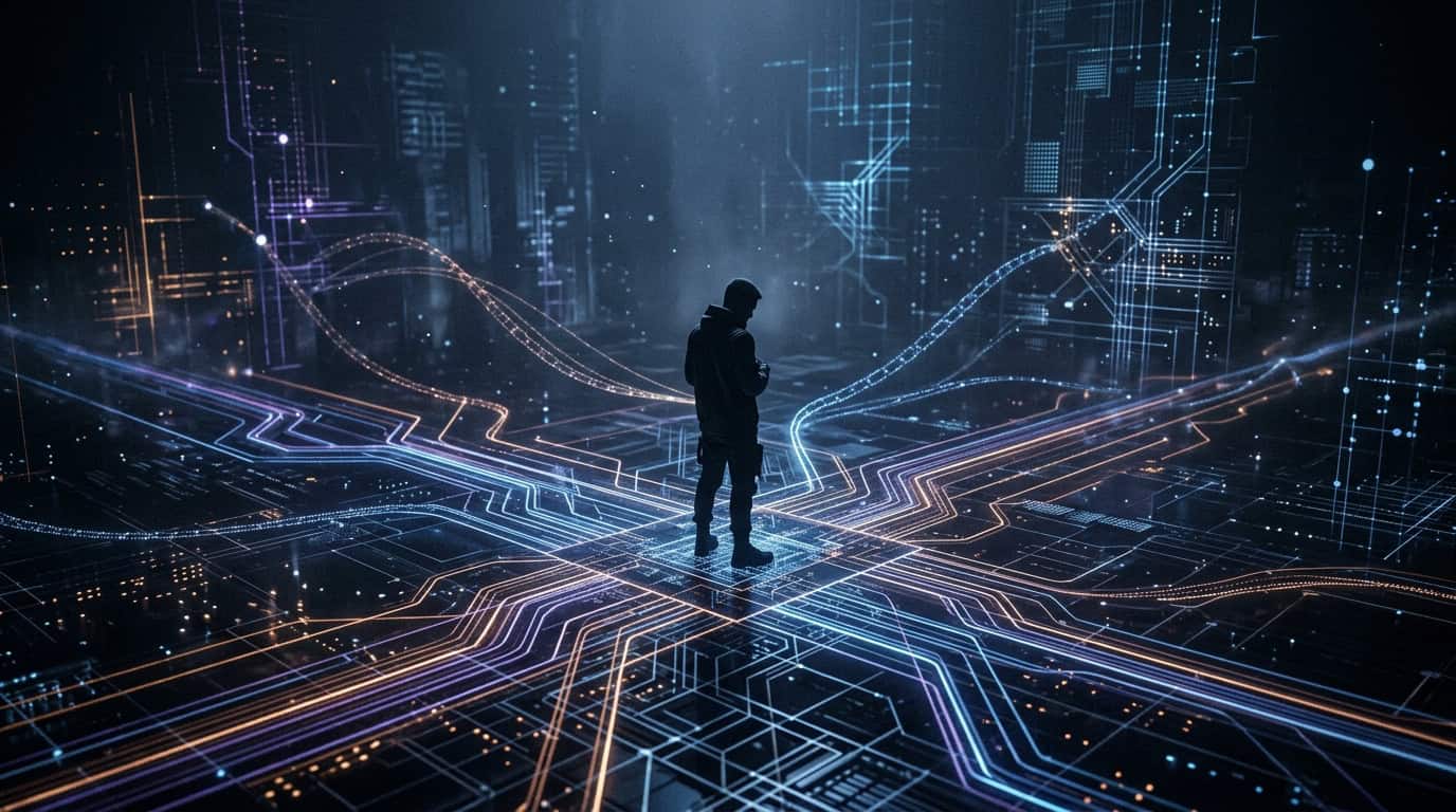 Silueta de una persona de pie en el centro de una compleja red de circuitos digitales luminosos