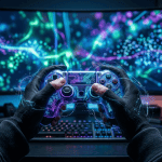 Manos con guantes negros sosteniendo un mando de videojuegos translúcido y brillante frente a un monitor curvo