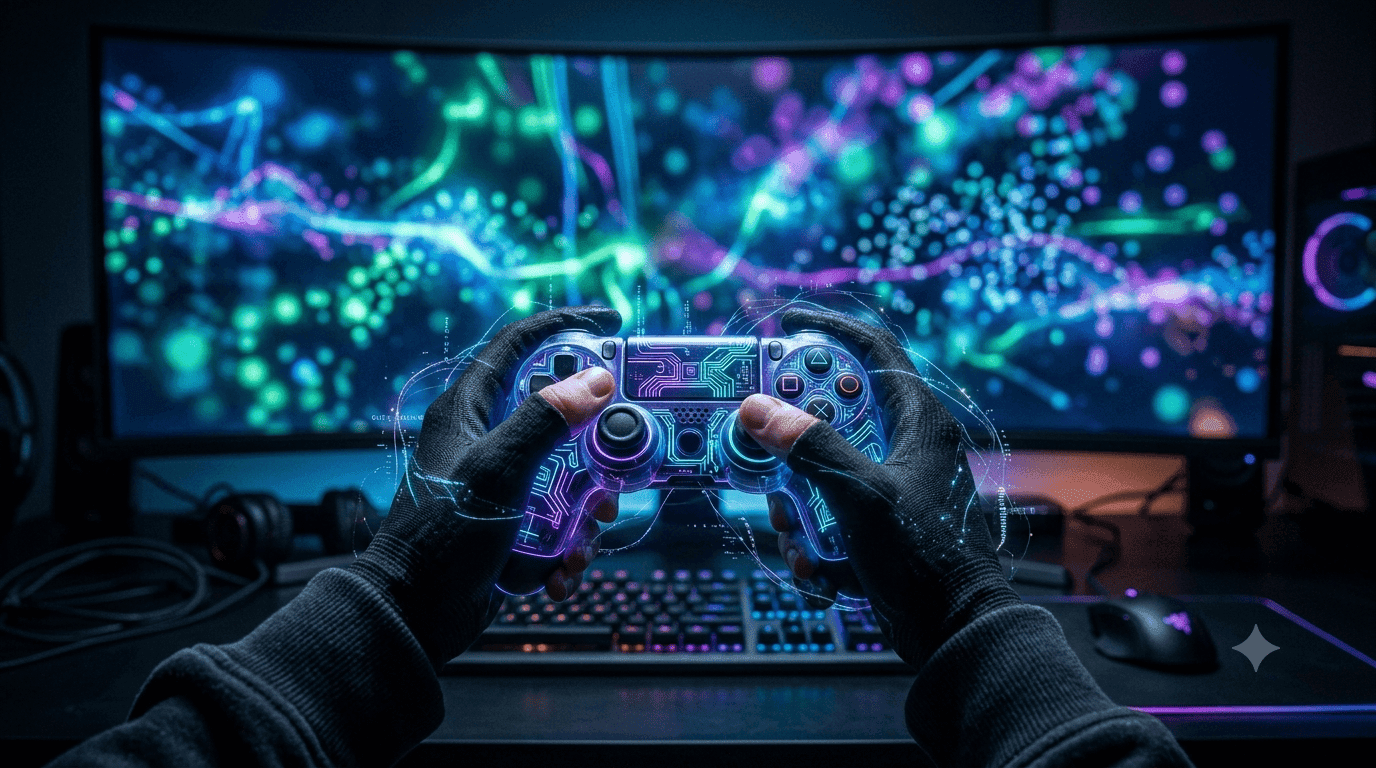 Manos con guantes negros sosteniendo un mando de videojuegos translúcido y brillante frente a un monitor curvo