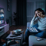 Persona con expresión de agobio frente a un televisor y varios dispositivos móviles con menús de streaming
