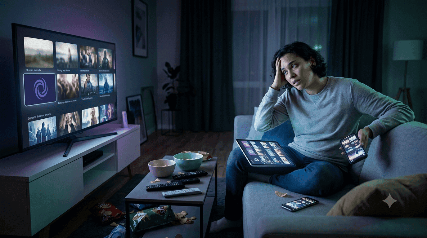 Persona con expresión de agobio frente a un televisor y varios dispositivos móviles con menús de streaming
