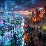 Contraste entre una utopía tecnológica brillante con hologramas y una distopía oscura en ruinas con fallos digitales