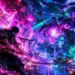 Un samurái con katana rosa y un espíritu de zorro se enfrentan a un gigante cósmico y un dragón de energía azul
