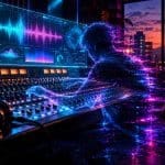 Silueta digital de un productor musical trabajando en una mesa de mezclas con pantallas de ondas sonoras neón