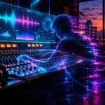 Silueta digital de un productor musical trabajando en una mesa de mezclas con pantallas de ondas sonoras neón
