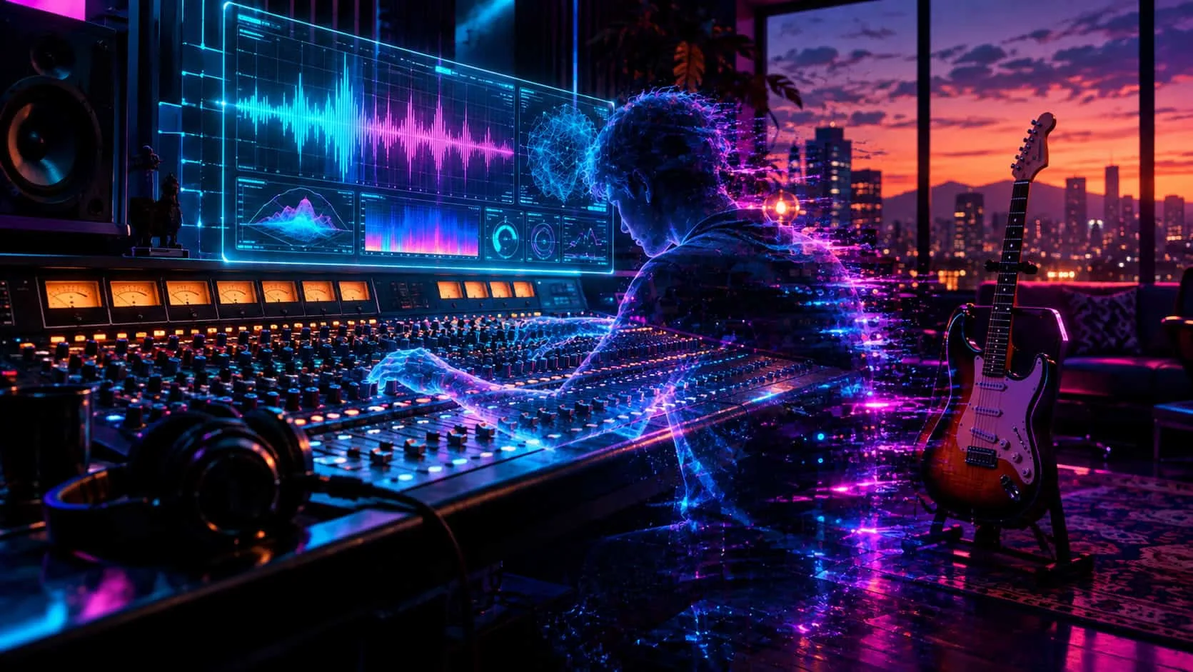 Silueta digital de un productor musical trabajando en una mesa de mezclas con pantallas de ondas sonoras neón