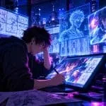 Artista de anime dibujando en una tableta gráfica dentro de un estudio futurista iluminado con luces de neón