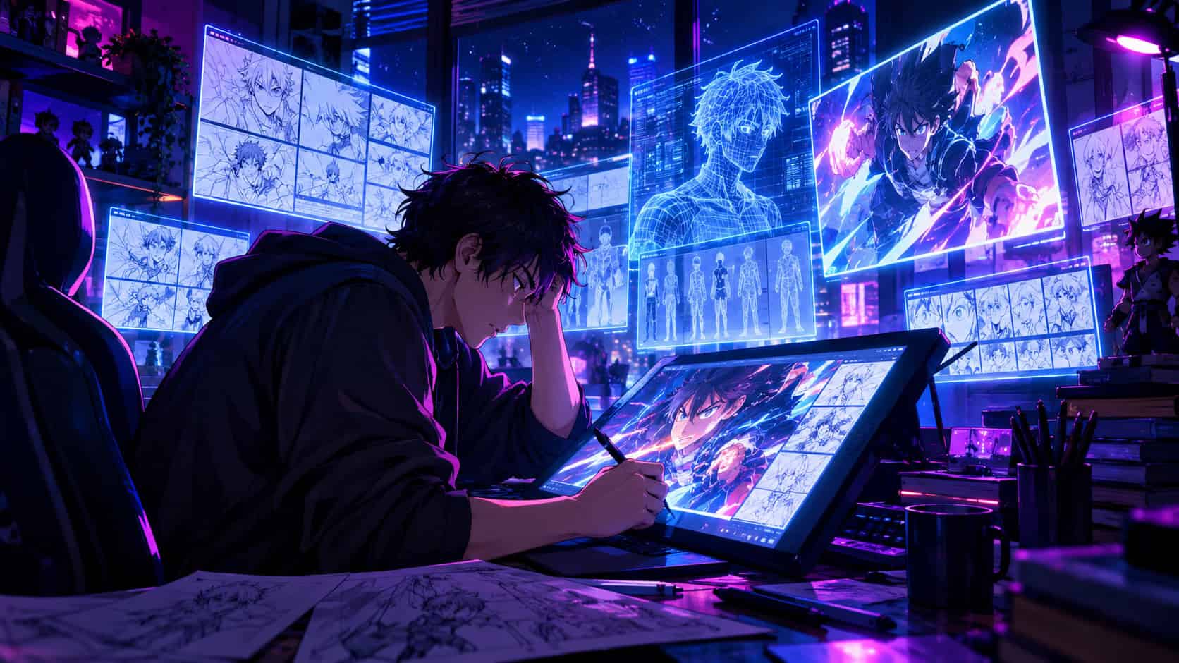 Artista de anime dibujando en una tableta gráfica dentro de un estudio futurista iluminado con luces de neón