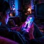 Mujer mirando un teléfono móvil con un fondo de pantalla neón de estilo anime en una habitación a media luz