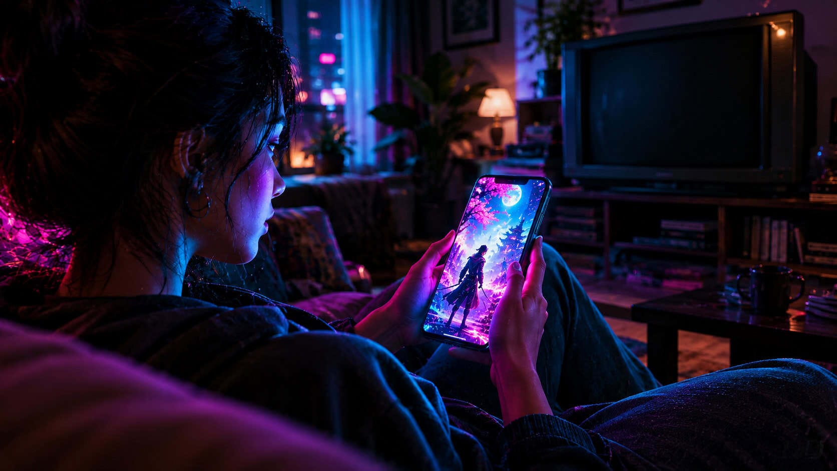 Mujer mirando un teléfono móvil con un fondo de pantalla neón de estilo anime en una habitación a media luz