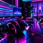 Estudio de grabación con iluminación neón, auriculares sobre una mesa de mezclas y monitores mostrando ondas de audio