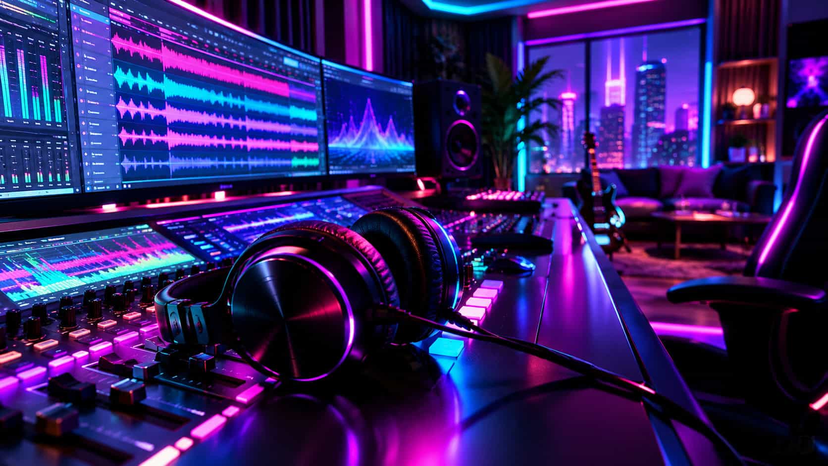 Estudio de grabación con iluminación neón, auriculares sobre una mesa de mezclas y monitores mostrando ondas de audio
